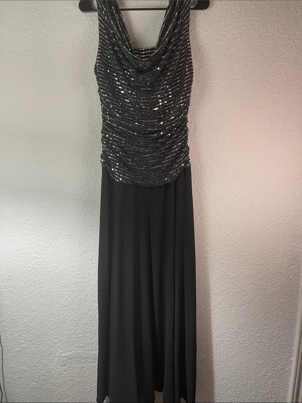 R&M Richards Black Sequin Drape Neck Maxi Dress